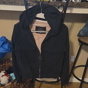 Black Hooded Cropped Zip-Up Jacket